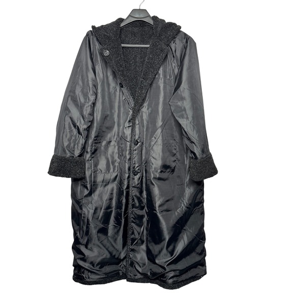 All American Comfort Reversible Hooded Fleece Coat Womens 1X Black Gray - Picture 1 of 7